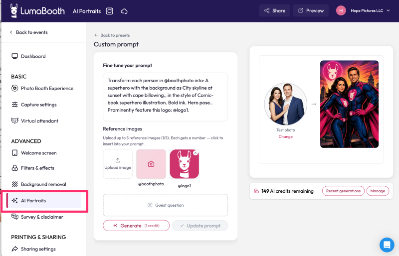 LumaBooth Dashboard showing ready-made custom prompt examples such as Anime Basketball, Line Art, and Astronaut ready to load with one tap