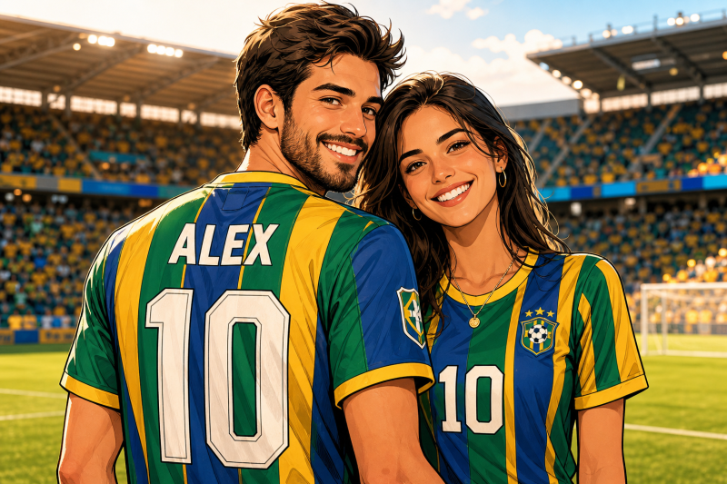 Personalized AI sports portrait of a couple with the name and number rendered into the soccer jersey artwork, not added as a sticker