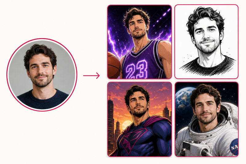 Custom AI prompt builder in LumaBooth combining a Subject, Scene, and Style with reference images to generate a one-off superhero look