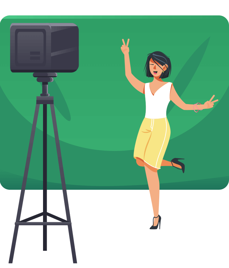 Girl posing in front of camera with green screen background behind her illustration 