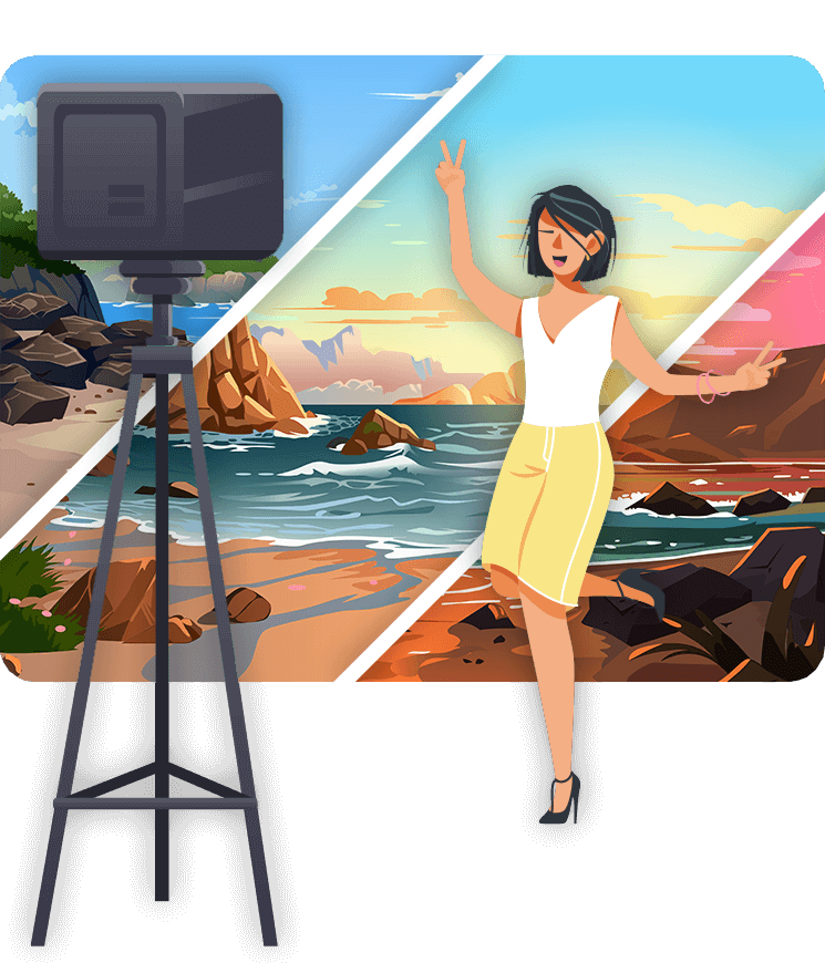 Girl posing in front of camera with green screen background behind her illustration