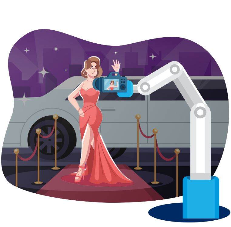 Woman on red carpet waving while being recorded by Lamabot Glambot.