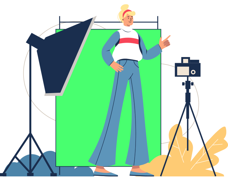 Illustration showing how to setup a green screen booth with tall person with flash lighting and camera standing in front of green screen