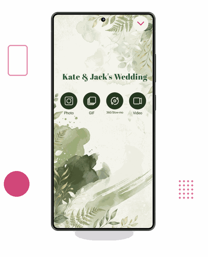 Android phone running LumaBooth showing the booth mode selector with Photo, GIF, 360/Slow-mo and Video options on a branded wedding welcome screen