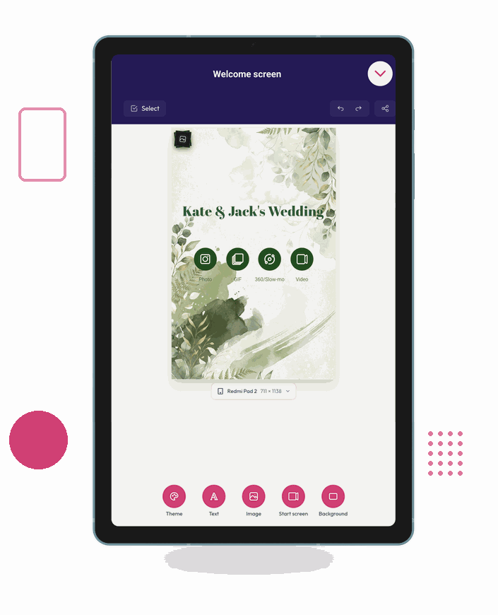 Android tablet showing the LumaBooth welcome screen editor with theme, text, image, start screen and background tools