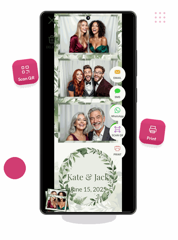 Android phone showing a finished LumaBooth wedding photo strip of three different groups of guests, with email, SMS, WhatsApp, QR code and print sharing options