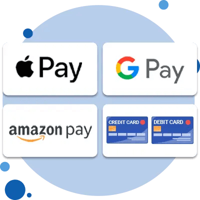 Payment processor's logos that include Apple Pay, Google Pay, Amazon Pay, Credit card, and debit card.