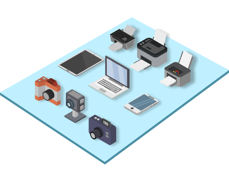 Various devices supported by DSLRBooth and LumaBooth for roaming photography, including DSLR and mirrorless cameras, webcams, iPhones, Windows 11 PCs, iPads, Macs, and printers.