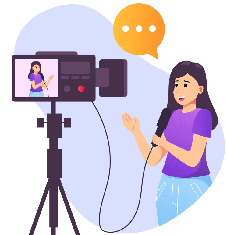 A girl holding a microphone recording a video guest book message in front of a camera on a tripod